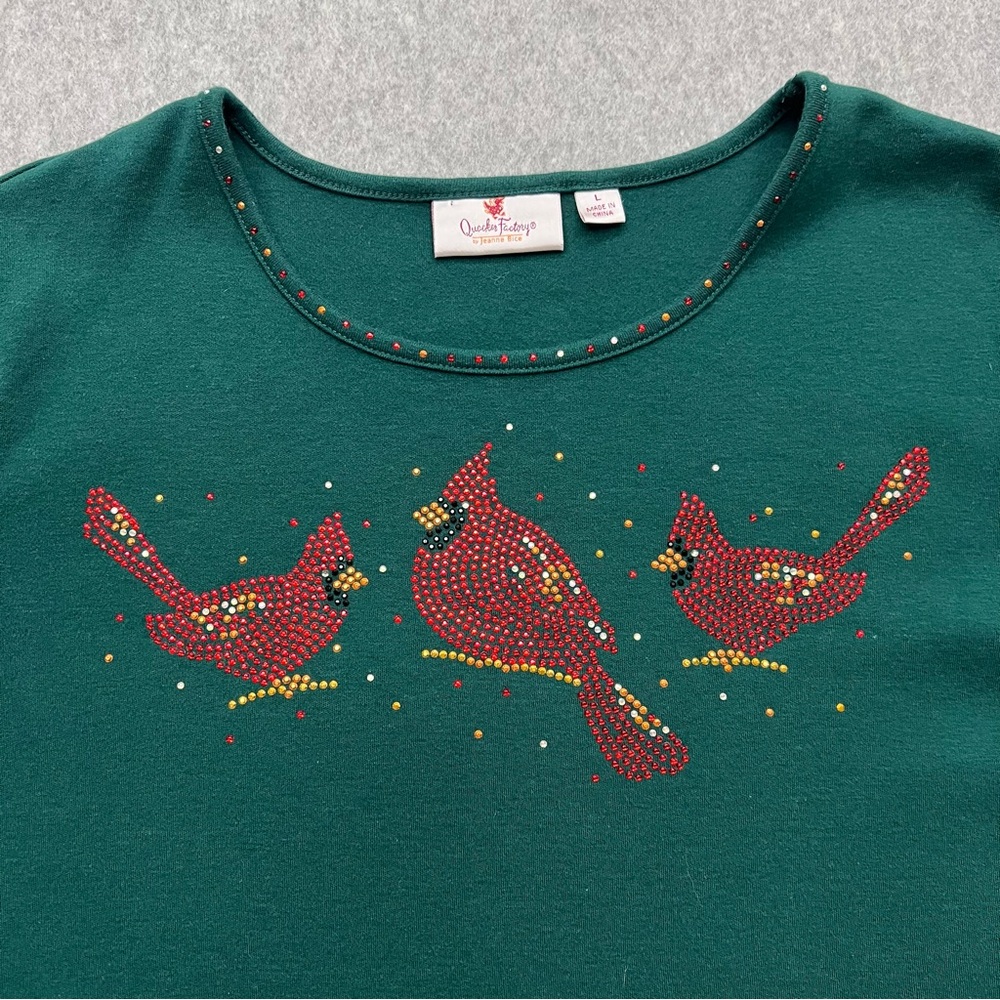 Quacker Factory Sz Large Green Cardinal Rhinestone T-Shirt Top Autumn Fall Birds